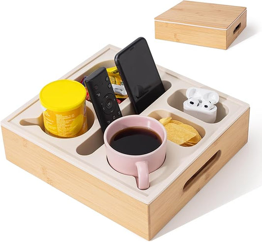 Couch Cup Holder with Lid, Silicone Bed Caddy with Cup Holder, Bed Organizer for Drinks, Snacks, Remotes, Bamboo Couch Caddy for Sofa, Bed and Car(Beige)