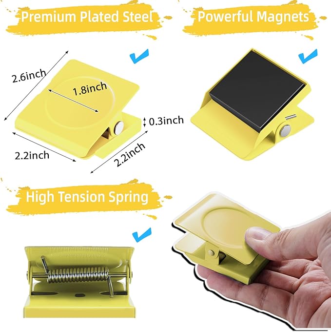 Grtard Strong Magnetic Clips, 2.2 Inch Extra Large Magnetic Clips Heavy Duty, 2Pack Magnet Clip for Fridge, Clip Magnets for Refrigerator, Whiteboard, Classroom, Kitchen, Office Organizer (Yellow)