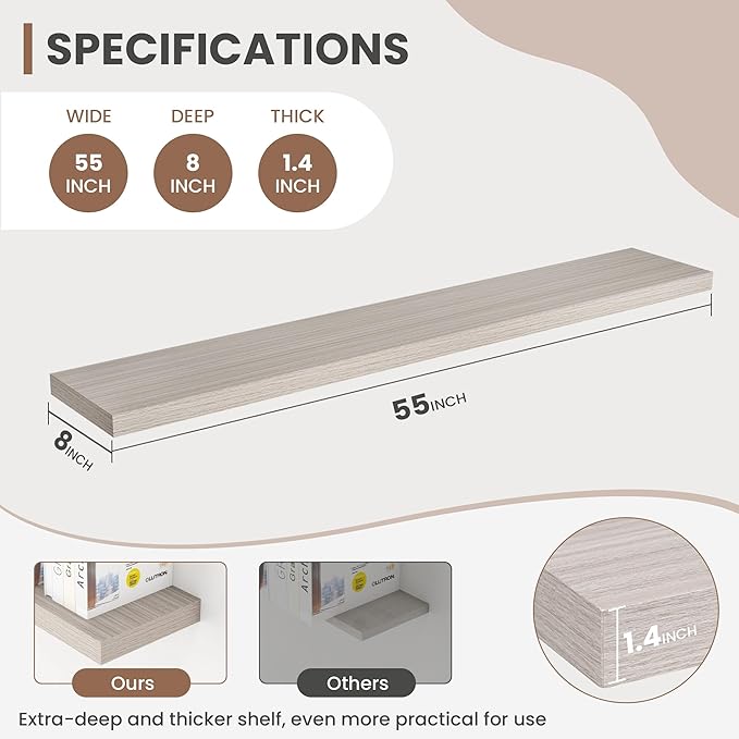 55 Inch Floating Shelves, 8 Inch Deep Floating Shelves for Wall, Hanging Shelf with Invisible Brackets, Deep Shelves for Bathroom, Bedroom, Living Room, Grey, Set of 1