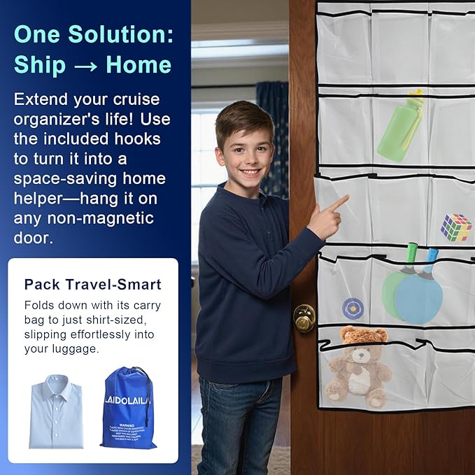 Magnetic Cruise Door Organizer – 13-Pocket Hanging Storage with 2 Large Shoe Pockets, No Hook Needed, Includes 3 Bonus Hooks, 2025 Cruise Ship Essentials for Cabin, Bathroom, or Closet Use