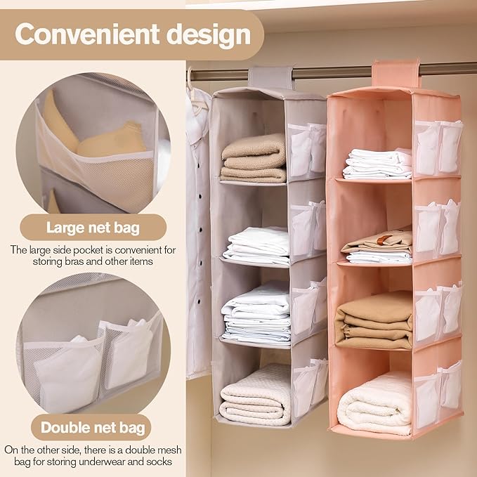 Hanging Closet Organizer, 4-Section Storage Shelves, Oxford Cloth with Mesh Pockets, (Cerulean, 3 Section)