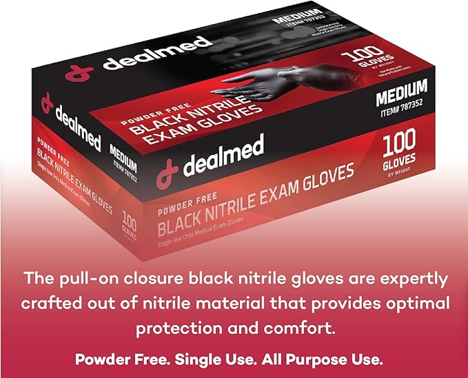 Dealmed Nitrile Exam Gloves – Disposable, Non-Irritating, Latex Free Medical Gloves, Multi-Purpose Use for First Aid and Medical Facilities, Black (Large, Case of 1000)
