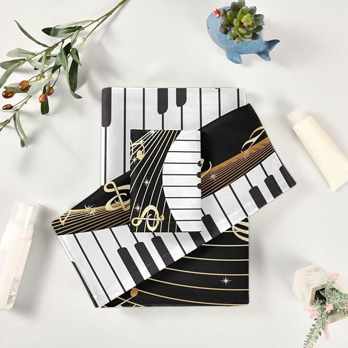 3 Piece Black White Gold Music Theme Bath Towel Set,Microfiber Golden Musical Notes Piano Instrument Decorative Guest Bathroom Towels,1 Bath Towel 1 Hand Towel for Kitchen,1 Washcloth for Face