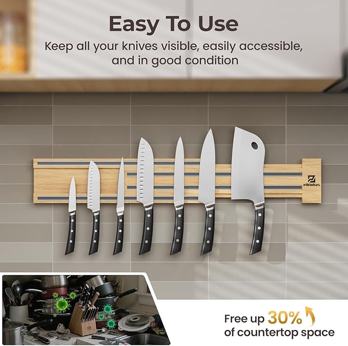 Extendable 32Inch Magnetic Knife Holder for Wall with Screw & Adhesive Mounting, Wood Magnetic Knife Strip from 16 to 32 Inch for Knife Bar, Knife Holder, Kitchen Utensil Organizer or Tool Room