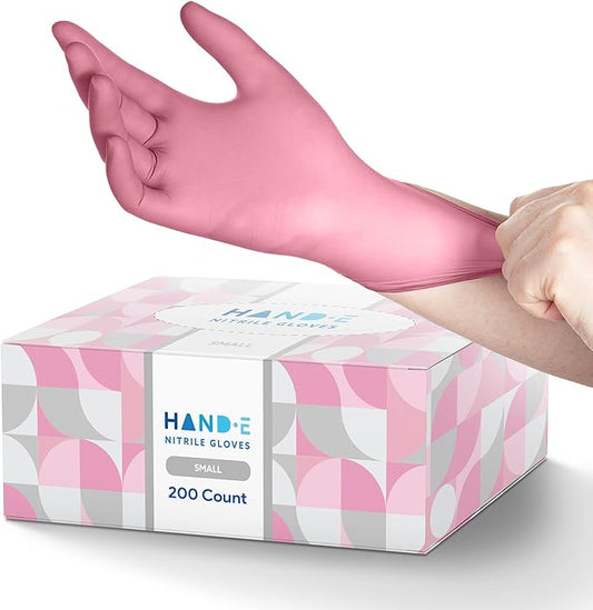 Hand-E Touch Pink Nitrile Disposable Gloves - Esthetician, Nail Tech, Hair Dye & Stylist, Cleaning Gloves