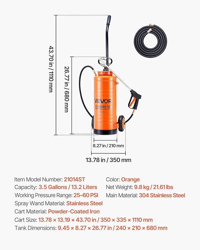 Industrial Concrete Sprayer with Wheeled Cart, 3.5 Gallon Stainless Steel Sprayer, Heavy Duty Tri-Poxy Pump Sprayers, 20.5"Wand, 48" & 120"Hoses, 2 Brass Nozzles for Construction, Lawn & Garden