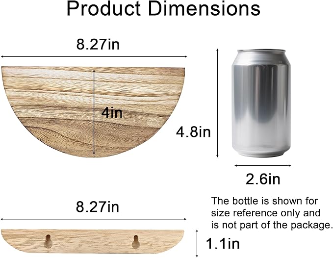 Floating Wall Shelves Set of 2 - Solid Wood Half Round Shelves for Bedroom & Bathroom