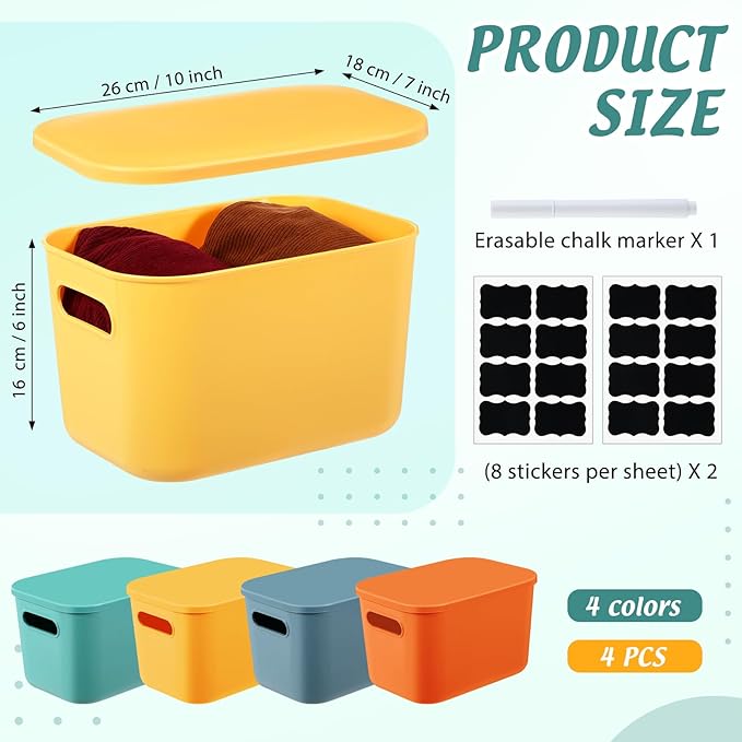 Tanlade 4 Pcs Plastic Storage Bins Stackable Baskets with Lid and Handle Colorful Desktop Storage Box Cubby Containers for Shelf Bedroom Office, Include 1 Erasable Marker, 16 Stickers(10 x 7 x 6 in)