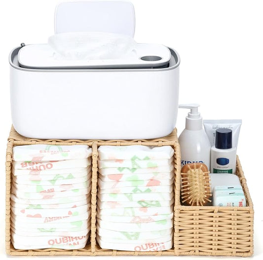 Diaper Caddy Organizer, Hand Rattan Nursery Storage Basket for Baby Essentials, Baby Changing Table Organizer Perfect Nursery Assistant (Natural Light Woven - Style 1, M)