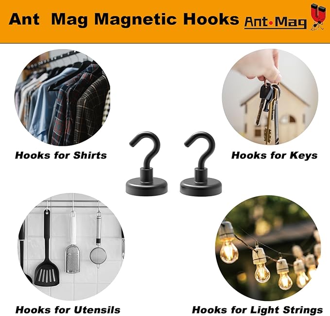 Ant Mag Strong Magnet Hooks for Hanging 80LBS Heavy Duty Neodymium Hooks Used for Home Kitchen Office Workplace Pack of 4