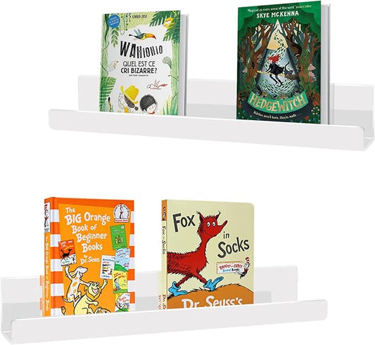 2 Pack Magnetic Book Shelf for Classroom, Strong 8.8lb Magnet Acrylic Whiteboard Shelves, Teacher Supplies Organizer for Kids Books, Posters, Flash Cards, Classroom Accessories Storage (white)
