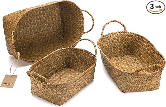 DOKOT Woven Rattan Baskets - Set of 3, Perfect for Kitchen Storage and Organizing Fruits