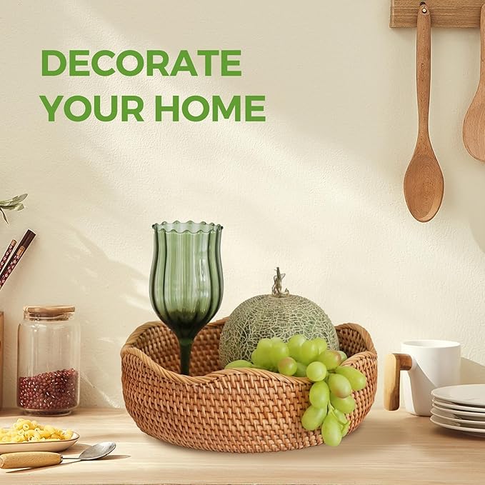Rattan Bread Baskets Set of 3, Round Woven Serving Basket Bowls, Natural Wicker Storage Basket Key Holders Stackable for Kitchen Counter Organizing, Decorative Baskets for Snack, Fruit, Vegetable