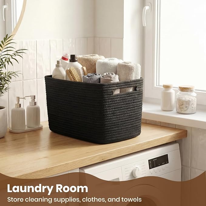 Storage Baskets for Organizing, 14 x 10 x 9” Closet Shelf Woven Baskets, Square Bins with Handles, Cotton Rope Basket for Toys, Clothes, Office, Room, Black 1pack