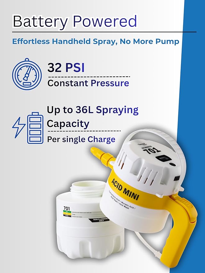 Sprayers Plus 701 Acid Mini Effortless Sprayer, Portable Lightwight 1.2L Battery Powered Chemical Resistant Sprayer,Nitrile Seals, Rechargeable via USB-C, for Acid Pool Washing