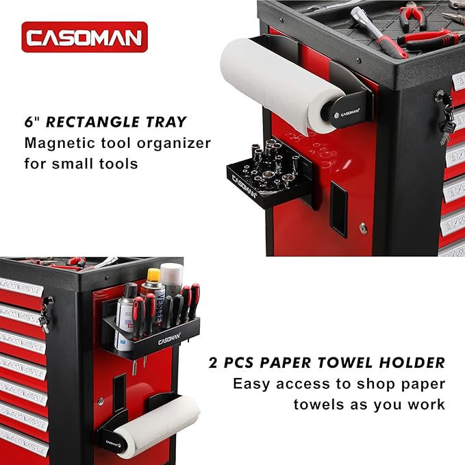 CASOMAN Magnetic Toolbox Shelf, Tray, Paper Towel Holder, 4-Piece Set, Black, Variety of Use, Durable, Magnets Any Metal Surface