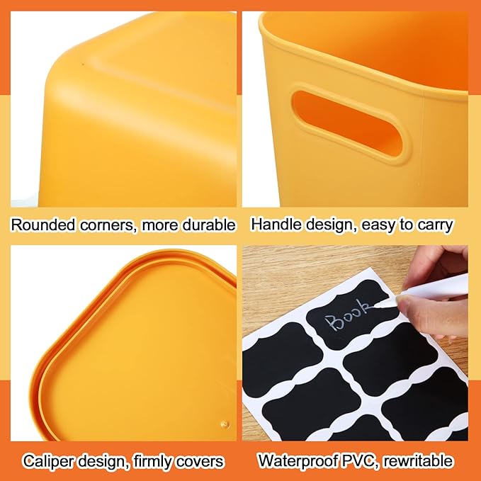 Tanlade 8 Pcs Plastic Storage Bins Stackable Baskets with Lid and Handle Colorful Desktop Storage Box Cubby Containers for Shelf Bedroom Office, Include 1 Erasable Marker, 16 Stickers (10 x 7 x 6 In)
