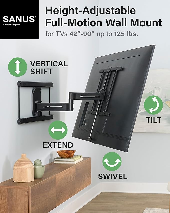 SANUS Height Adjustable Full Motion TV Wall Mount for 42" to 90" TVs - Raise or Lower TV 4" After Install - Maximizes Compatibility with Your Setup - 3 Step DIY w/Smooth Extension, Tilt & Swivel