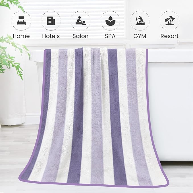 Microfiber Bath Towels, Bath Towel 2 Pack 30" x 60", Oversized, Soft, Super Absorbent and Fast Drying, Multipurpose Bathroom Towel Set for Sport, Fitness, Yoga, Coral Fleece Stripe Purple