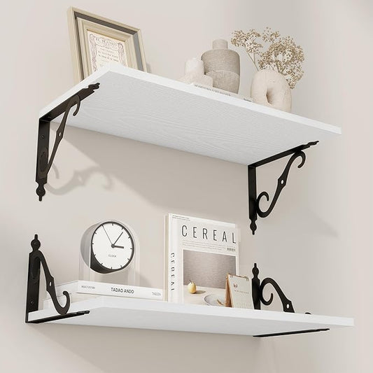 RICHFOCUS 12 Inch Deep Floating Shelves for Wall, 24" W x 12" D Wood Wall Shelves Set of 2, Wide Floating Shelves for Living Room, Bedroom, Kitchen, Bathroom and Decor Storage, White