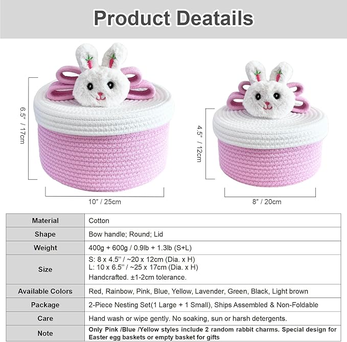 Cute Storage Baskets with Lids, Small Round Woven Rope Basket with Lid, Small Toy Box for Kids, Cat or Dog, Cute Basket for Gift, Toy or Home Decor, Chic Bow Handle (pink)