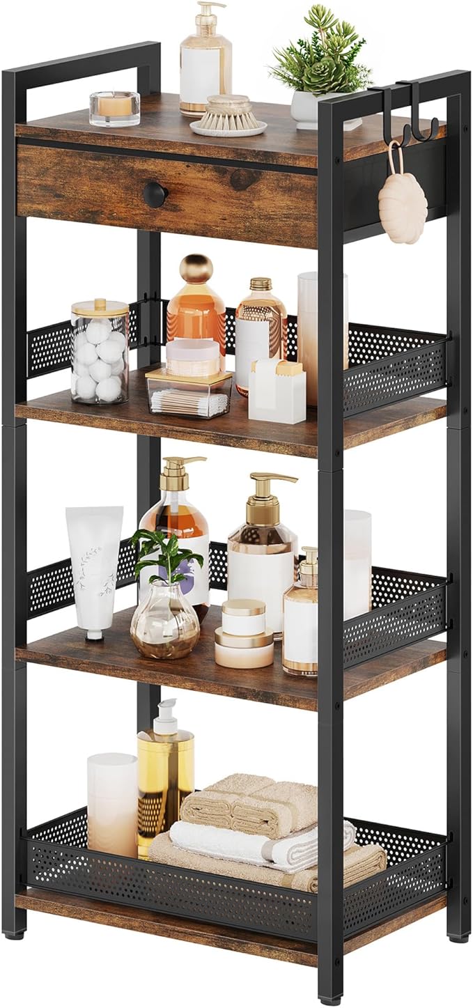 FAVOOSTY 4 Tier Ladder Shelf Stand, Bookshelf with Drawer Storage, Decorative Display Shelves Wood & Metal, Plant Shelf, Standing Shelf Unit for Living Room Bedroom Office Kitchen, Rustic Brown