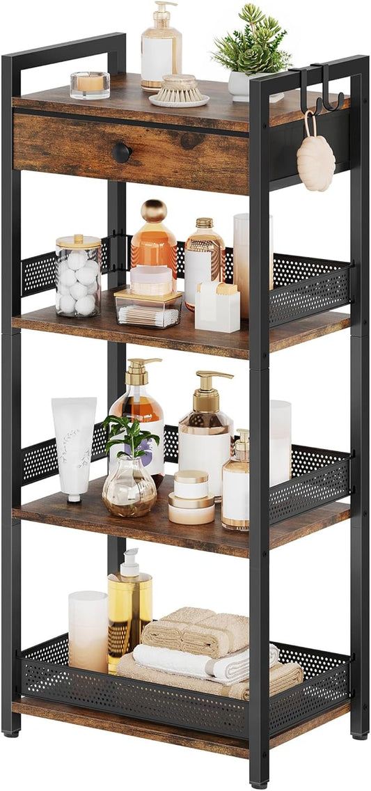 FAVOOSTY 4 Tier Ladder Shelf Stand, Bookshelf with Drawer Storage, Decorative Display Shelves Wood & Metal, Plant Shelf, Standing Shelf Unit for Living Room Bedroom Office Kitchen, Rustic Brown