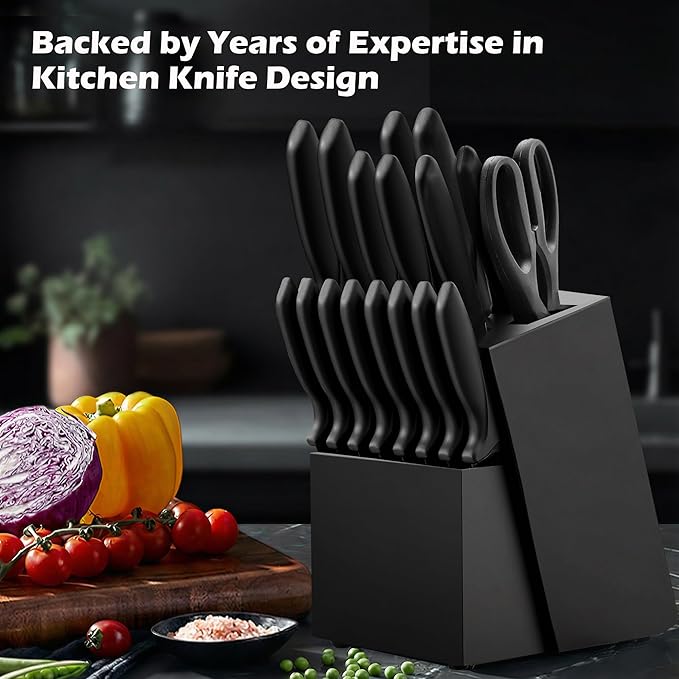 Knife Set, KroWallu 20 Pieces Knife Sets for Kitchen with Block, Dishwasher Safe Kitchen Knife Set with Built-in Sharpener, Japanese Stainless Steel Black Knife Block Set