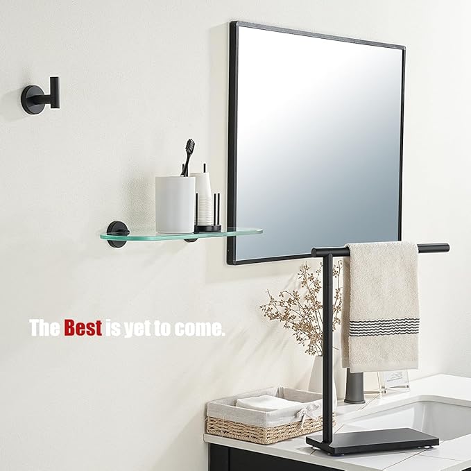JQK Bathroom Glass Shelf Black, Tempered Glass Shower Storage 16 by 5 inches, 304 Stainless Steel Matte Black Wall Mount, TGS121L16-PB