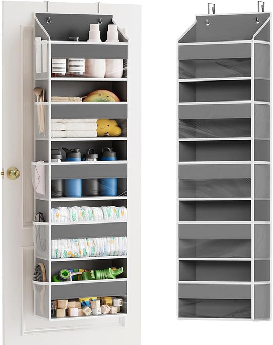 1 Pack Over The Door Organizer with 5 Large Pockets and 10 Mesh Side Pockets, 5 Layers Door Organizer Hanging with Clear Window for Bedroom, Bathroom, Pantry and Nursery, Gray