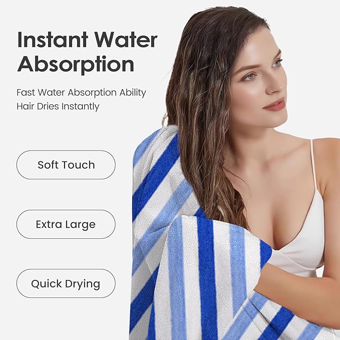 Bath Towels Set, Large Microfiber Bath Towel for Body, 2 Pack, 30" x 60", Oversized, Soft, Super Absorbent,Fast Drying, Perfect for Shower, Sauna, Gym, Sports, Fitness, Yoga, Cabana Stripe Blue