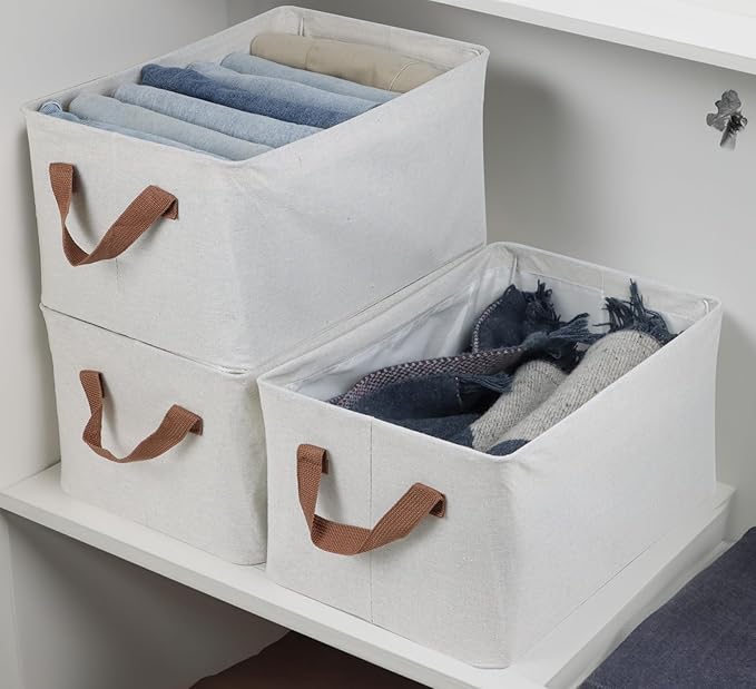 4 Pcs Fabric Storage Bins, Organization Baskets for Shelves, 15" Linen Closet Organizer with Handles, Metal Frame, Natural Color, Shelves Basket for Organizing, White