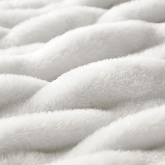 WDCOZY Ruched Faux Fur Throw Blanket Soft Cozy Fluffy Luxurious Blankets Couch Bed Sofa Chair Home Decor Warm Furry Fall Winter Plush Rabbit Fur Bubble Blanket 50" x 60", Ivory Cream White