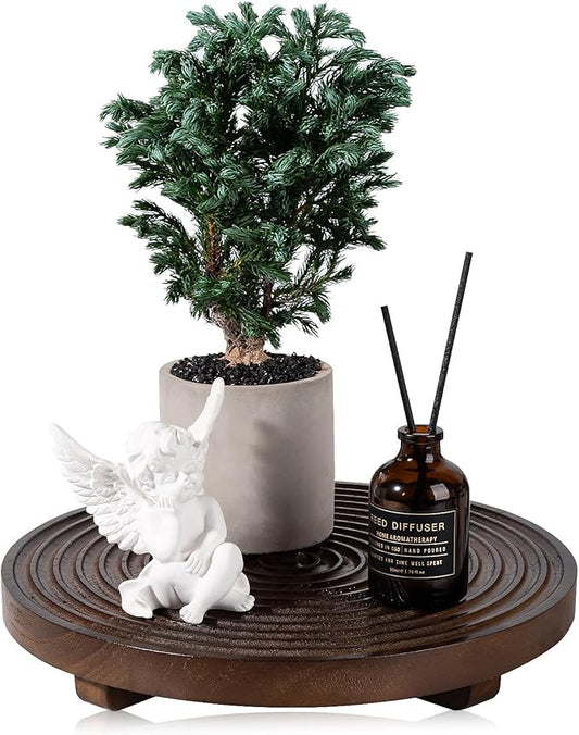 Round Decorative Tray Farmhouse Bathroom Decor Wood Riser Kitchen Countertop Organizer for Perfume, Candle, Plant, 10 inch Walnut