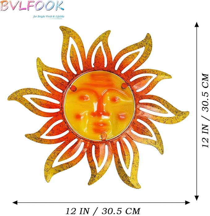 Metal Sun Wall Art Decor,12 Inch Retro Hanging Decor With Glass,Sun Face Outdoor Indoor Wall Decorations For Patio Yard Garden Fence Living Room Bedroom