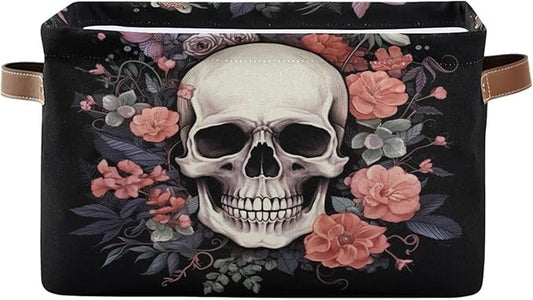 Halloween Basket Black Rose Skull Baskets with Handles Collapsible Organizer Box Shelf Storage Baskets for Holiday Home Decor 1PC