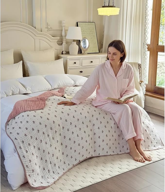 Muslin Blankets 100% Cotton 6-Layer Gauze Floral Pattern Throw Blanket Lightweight Soft and Breathable King Size Blanket for Sofa Couch Bed Coverlet Both Sides (Floral Red, King 90" X 104")