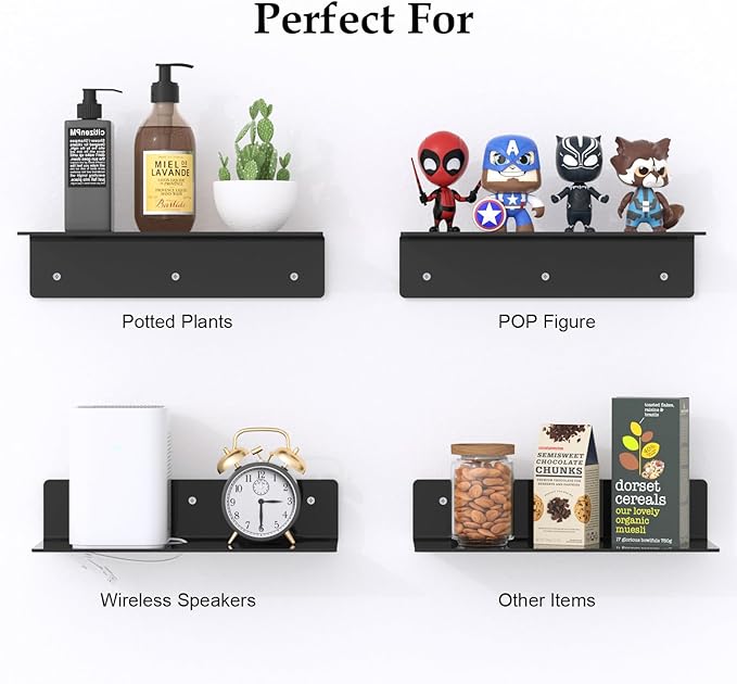 12" Black Acrylic Floating Shelves, 4 Pack Small Floating Shelf with Cable Clips for Living Room, Bathroom, Gaming Room, Dorm Wall Display Space