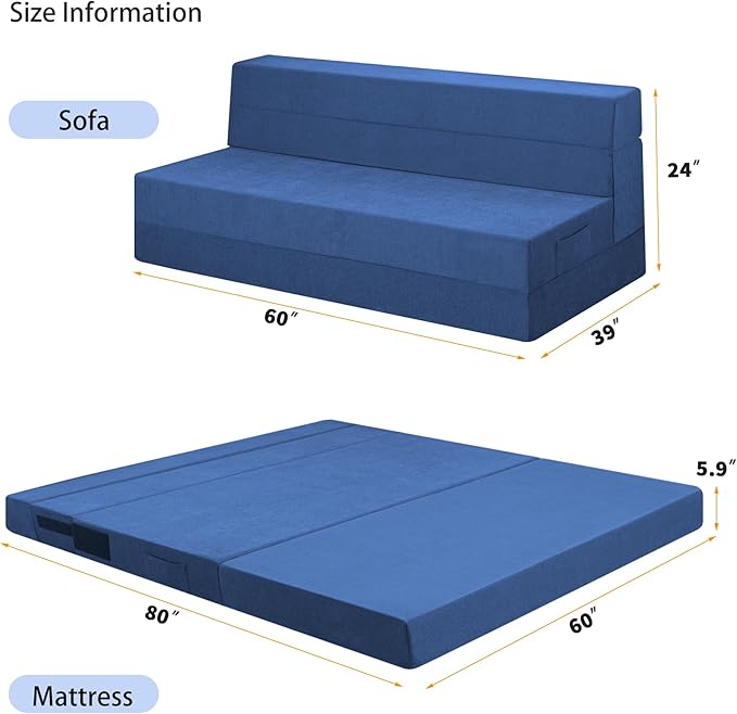 Folding Sofa Bed Chair with Pillow,Convertible Fold Out Chair Bed Sleeper,Foam Floor Mattress, Foldable Futon Couch Bed for Living Room/Dorm/Guest/Office (Blue, Queen)