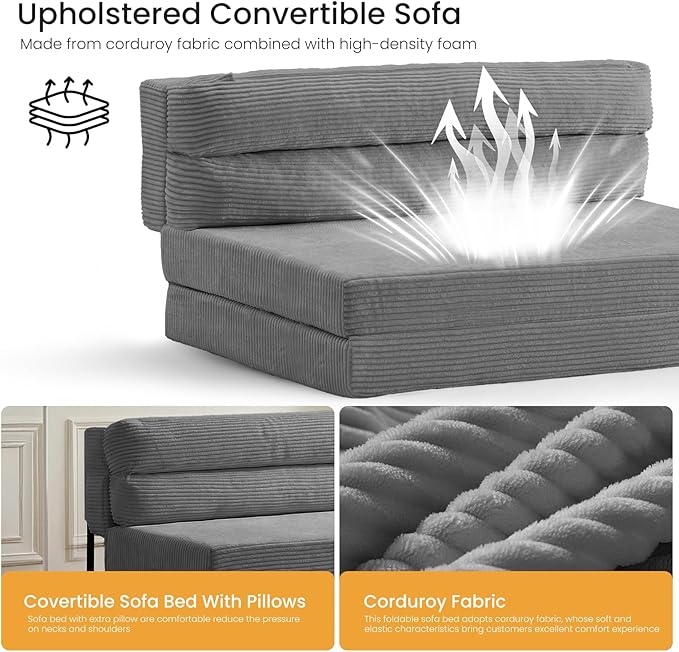 Convertible Sofa Bed with Metal Frame, Boneless Loveseat Sleeper Sofa Futon Sofa Bed Foldable Full Size Mattress for Living Room, Guest Room