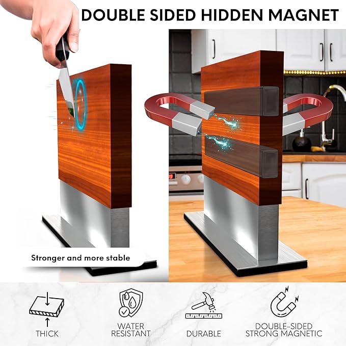 FOSSTA PRODUCTS Magnetic Knife Block – Acacia Wood Double-Sided Knife Holder with Steel Base & Strong Magnets, Modern Kitchen Knife Storage Stand (Knives Not Included)