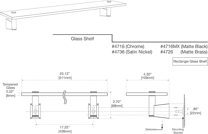 Gatco 4716 Bleu Glass Shelf, Chrome/Wall Mounted 20.13" X 4.30" Tempered Glass/Floating Rectangle Glass Shelf for Bathroom