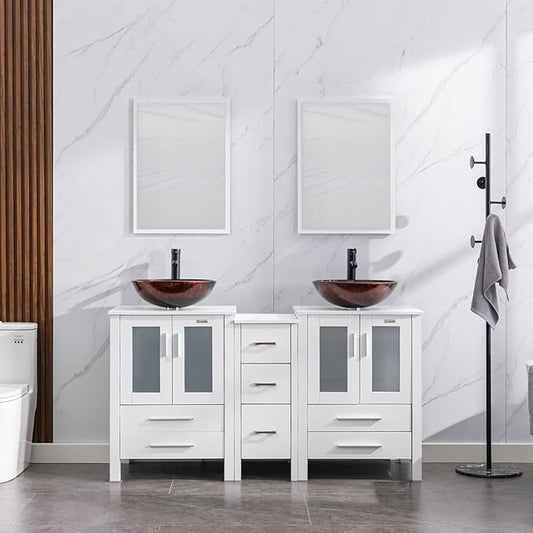 eclife 60" Modern Bathroom Vanity Sink Combo Freestanding Cabinet with Small Side Cabinet, Brown Round Glass Vessel Sink, Water Save Faucet, Drain (White+A09)
