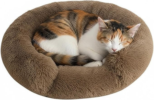 Fluffy Dog Bed Calming Donut Beds for Large Dogs Warming Round Small Medium Pet Nest Cozy Cat Mattress Indoor Washable Puppy Kennel Kittens Sleep Mat (XS, 20×20 inch, Light Brown)