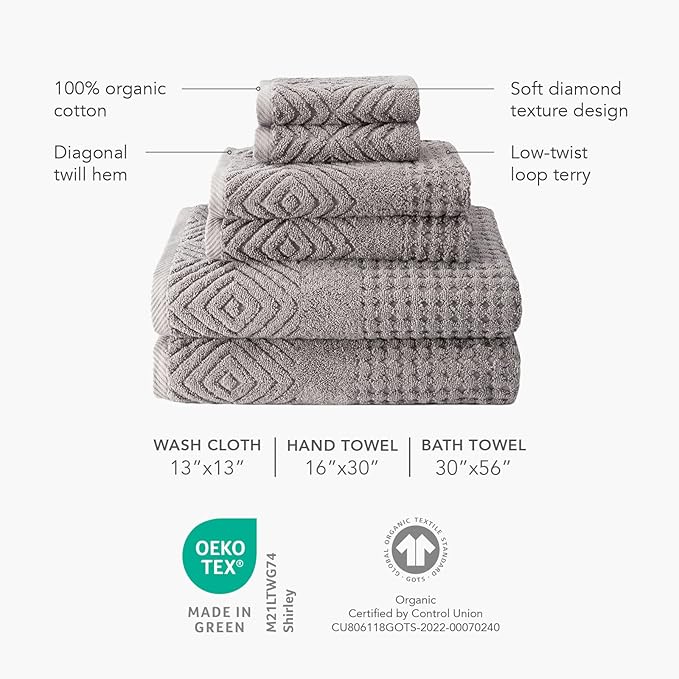 Texere 100% Organic Cotton Diamond Jacquard 700 GSM Luxury Bath Towel Sets - Ultra Soft and Absorbent Hotel and Spa Quality (Diamond, Bright White, 2 Bath Towels)