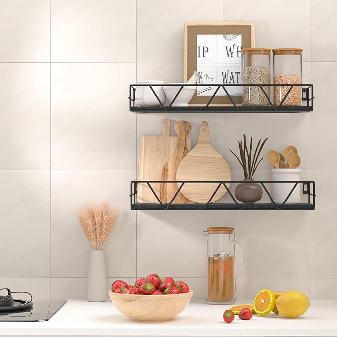 Floating Shelves Set of 3, Home Wood Wall Shelf, Farmhouse Shelf for Bedroom, Wall Mounted Floating Shelf for Living Room, Bedroom, Bathroom, Kitchen, Office (Black 2)