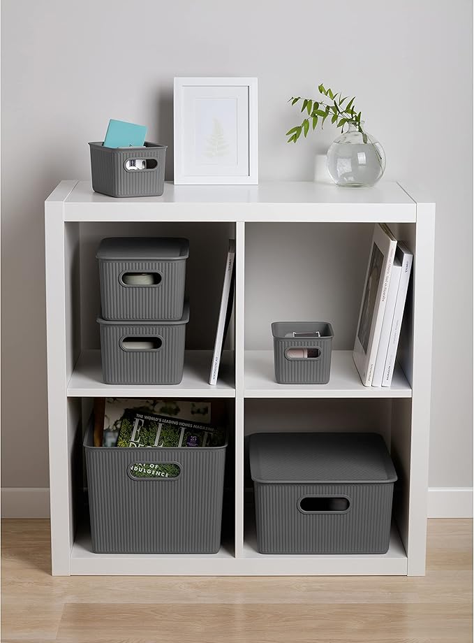 Decorative Plastic Basket Lidded Home Storage Bins Organizer Baskets, Large Grey (1 Pack - 15 Liter) Stackable Container Box, for Organizing Closet Storage Bins for Shelves - Ribbed Collection