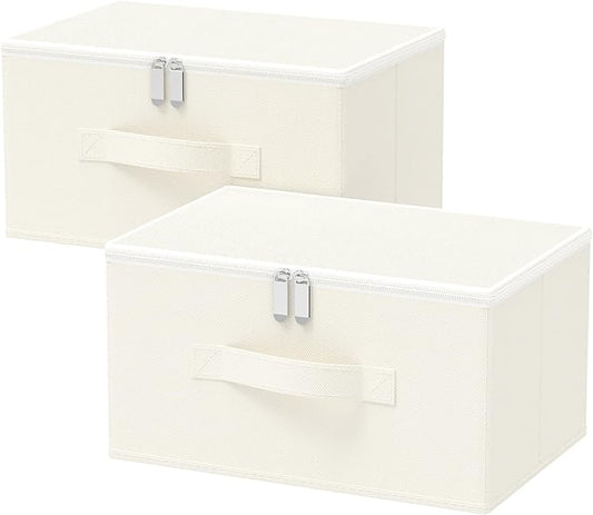 Storage Bins with Lid, Cube Organizer Basket, Closet Boxes with Carrying Handles and Sturdy PP Support Plate, 2 Pack, Beige, 11.8 x 7.9 x 6.3 In, XSNY16BES-2
