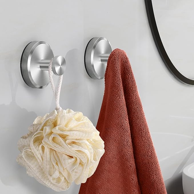 Suction Cup Hooks for Shower, Bathroom, Hanging Towels, Loofah, Mounting on Glass Shower, Tile, Rubber Suction Cup, Brushed Nickel, 2 Pack