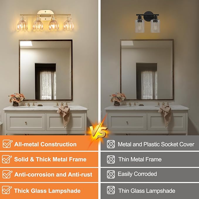 Bathroom Light Fixtures, 4-Light Brass Vanity Wall Light Over Mirror with Amber Tulip Glass Shade for Bedroom Living Room (Bulb Not Included)